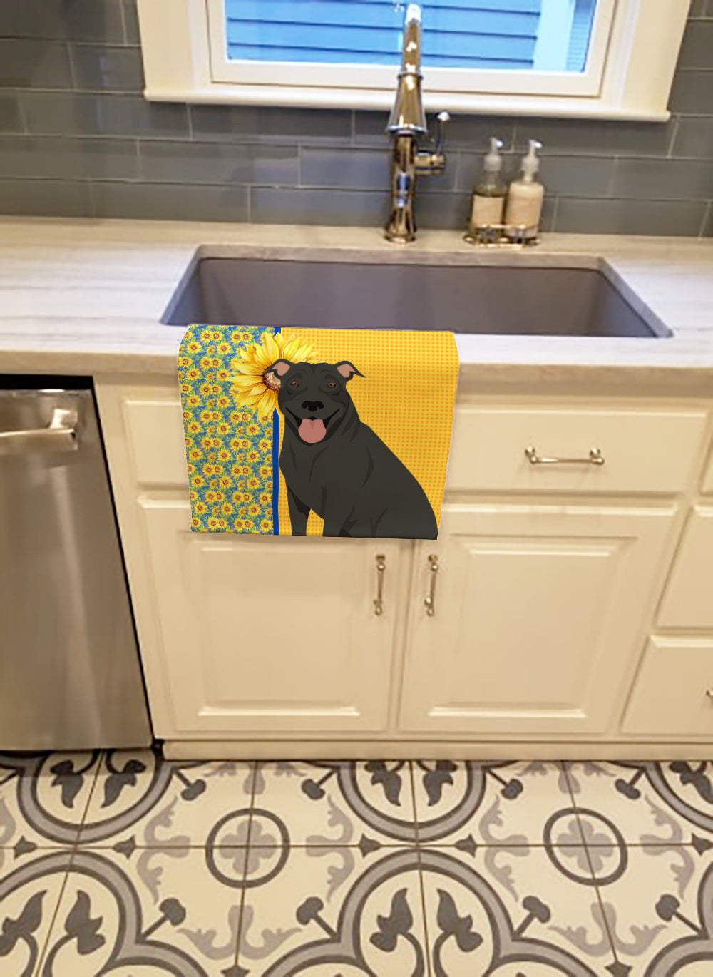 Summer Sunflowers Black Pit Bull Terrier Kitchen Towel Velour Plush Front and Cotton Loop Back Machine Washable