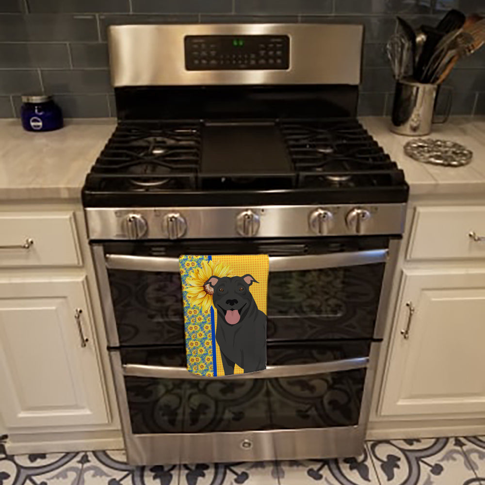 Summer Sunflowers Black Pit Bull Terrier Kitchen Towel Velour Plush Front and Cotton Loop Back Machine Washable