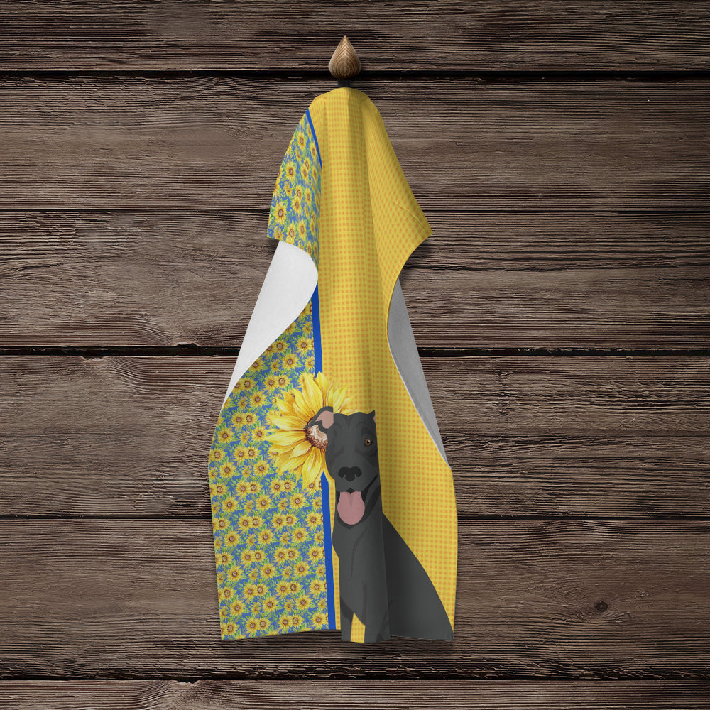 Summer Sunflowers Black Pit Bull Terrier Kitchen Towel Velour Plush Front and Cotton Loop Back Machine Washable