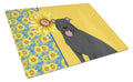 Summer Sunflowers Black Pit Bull Terrier Cutting Board Tempered Glass Kitchen Cutting Surface, Heat Resistant Chopping, Non-Slip Feet, Food Prep & Serving