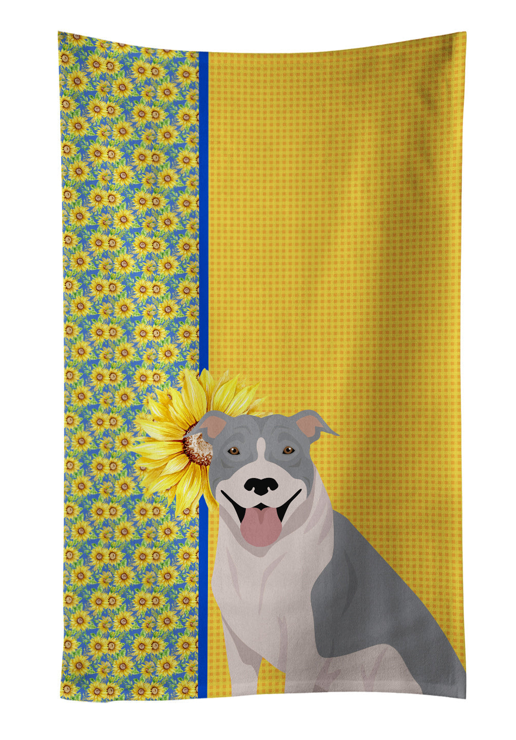 Summer Sunflowers Blue and White Pit Bull Terrier Kitchen Towel Velour Plush Front and Cotton Loop Back Machine Washable