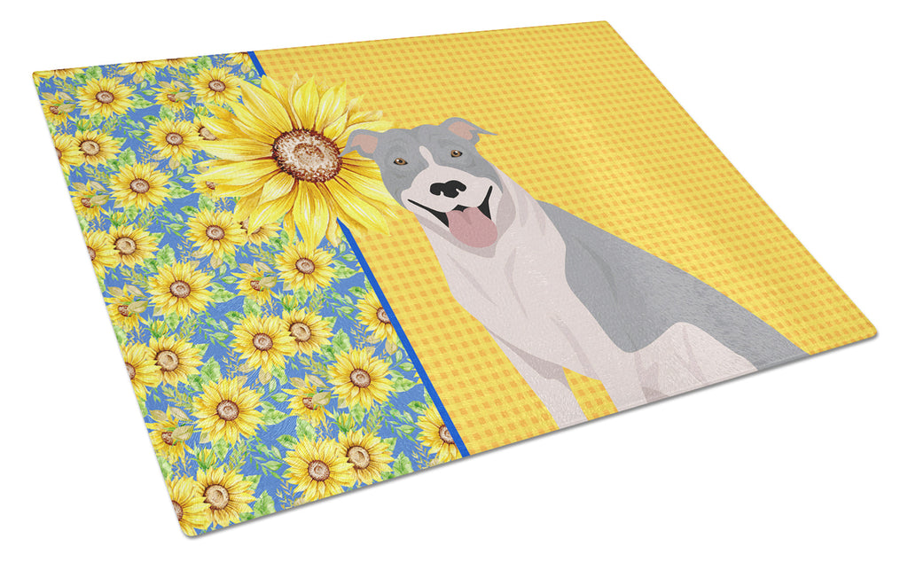 Summer Sunflowers Blue and White Pit Bull Terrier Cutting Board Tempered Glass Kitchen Cutting Surface, Heat Resistant Chopping, Non-Slip Feet, Food Prep & Serving