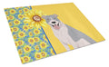 Summer Sunflowers Blue and White Pit Bull Terrier Cutting Board Tempered Glass Kitchen Cutting Surface, Heat Resistant Chopping, Non-Slip Feet, Food Prep & Serving