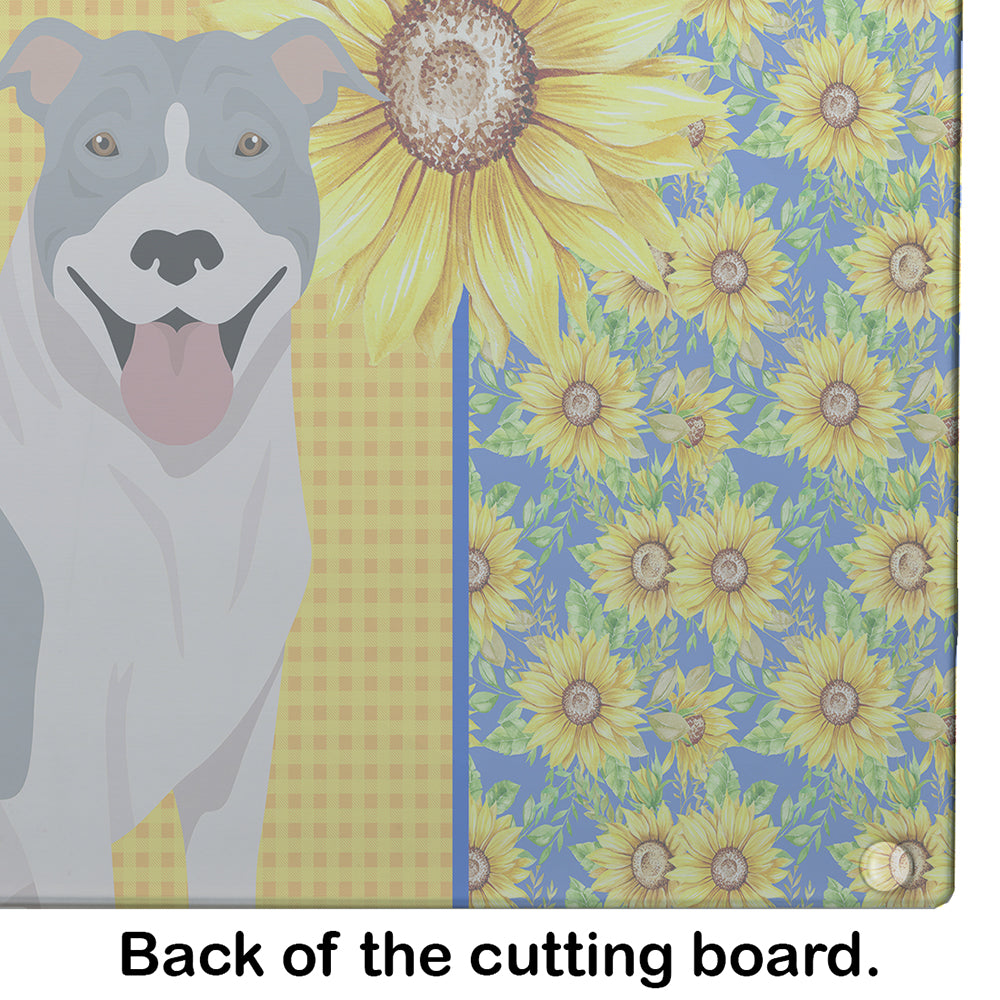 Summer Sunflowers Blue and White Pit Bull Terrier Cutting Board Tempered Glass Kitchen Cutting Surface, Heat Resistant Chopping, Non-Slip Feet, Food Prep & Serving