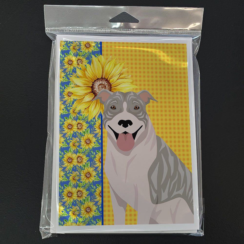 Summer Sunflowers Blue Brindle Pit Bull Terrier Greeting Cards Pack of 8 Blank Cards with Envelopes Whimsical A7 Size 5x7