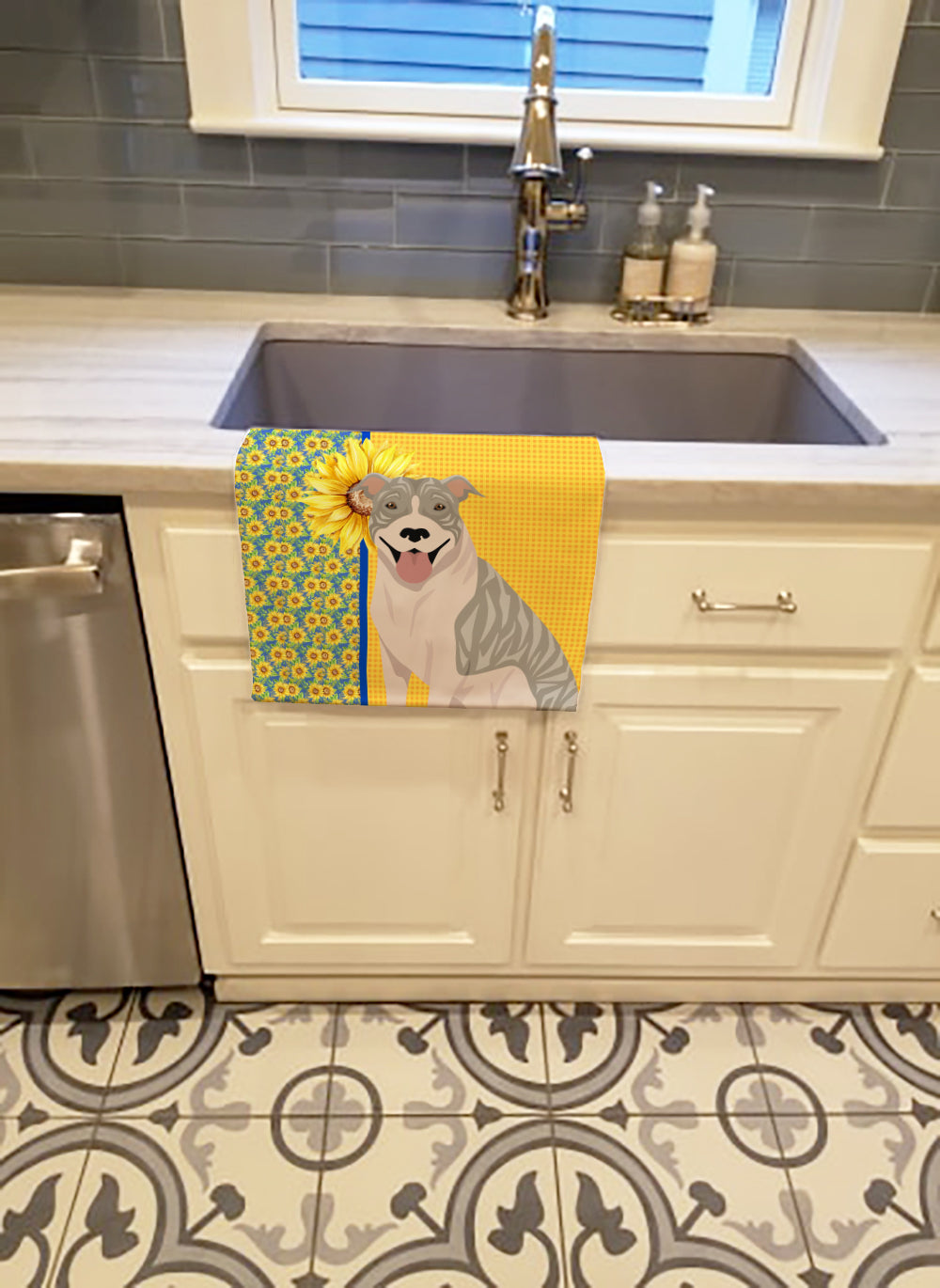 Summer Sunflowers Blue Brindle Pit Bull Terrier Kitchen Towel Velour Plush Front and Cotton Loop Back Machine Washable