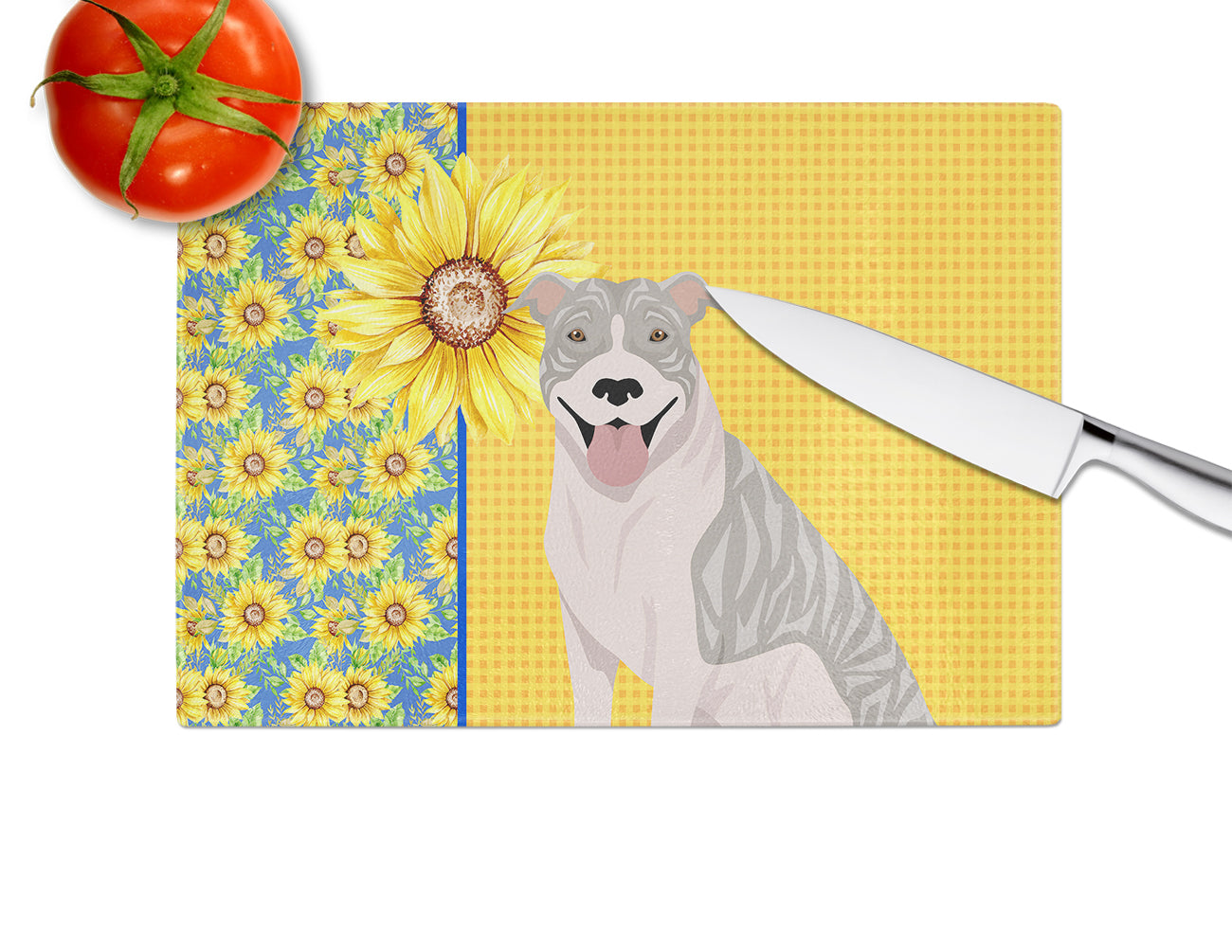 Summer Sunflowers Blue Brindle Pit Bull Terrier Cutting Board Tempered Glass Kitchen Cutting Surface, Heat Resistant Chopping, Non-Slip Feet, Food Prep & Serving