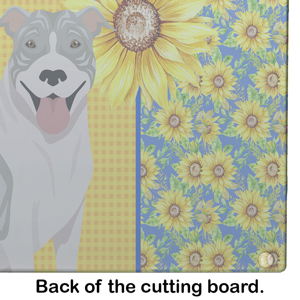 Summer Sunflowers Blue Brindle Pit Bull Terrier Cutting Board Tempered Glass Kitchen Cutting Surface, Heat Resistant Chopping, Non-Slip Feet, Food Prep & Serving