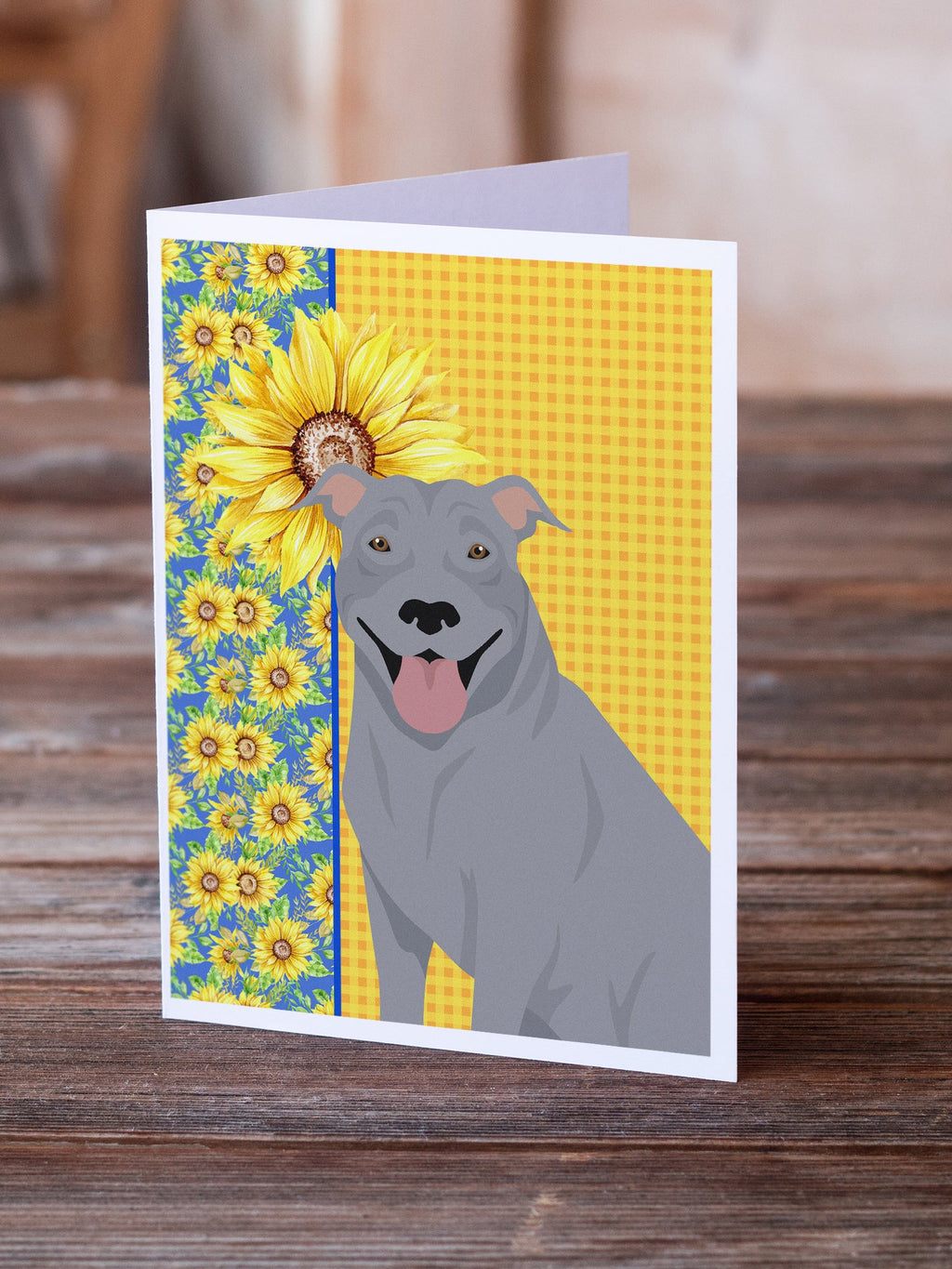 Summer Sunflowers Blue Pit Bull Terrier Greeting Cards Pack of 8 Blank Cards with Envelopes Whimsical A7 Size 5x7