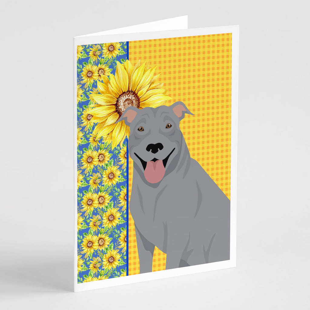 Summer Sunflowers Blue Pit Bull Terrier Greeting Cards Pack of 8 Blank Cards with Envelopes Whimsical A7 Size 5x7