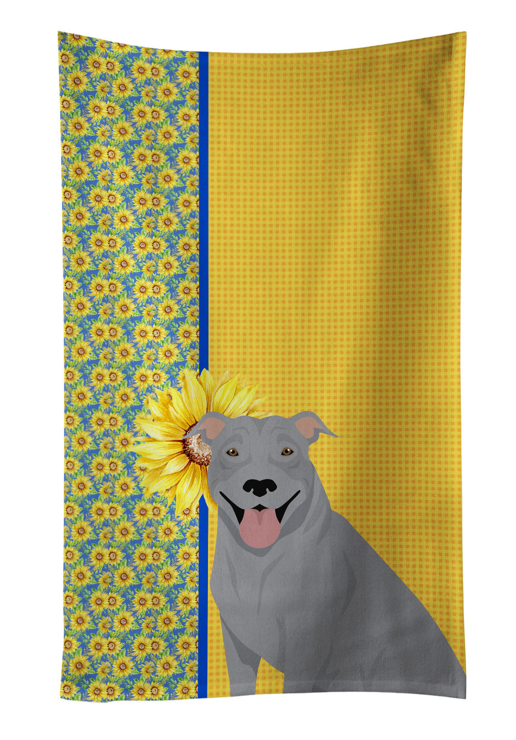 Summer Sunflowers Blue Pit Bull Terrier Kitchen Towel Velour Plush Front and Cotton Loop Back Machine Washable