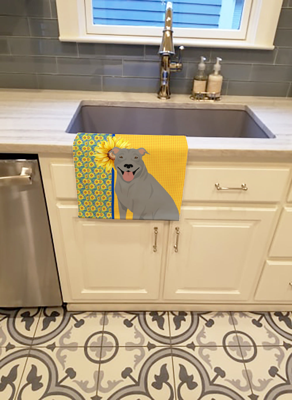 Summer Sunflowers Blue Pit Bull Terrier Kitchen Towel Velour Plush Front and Cotton Loop Back Machine Washable