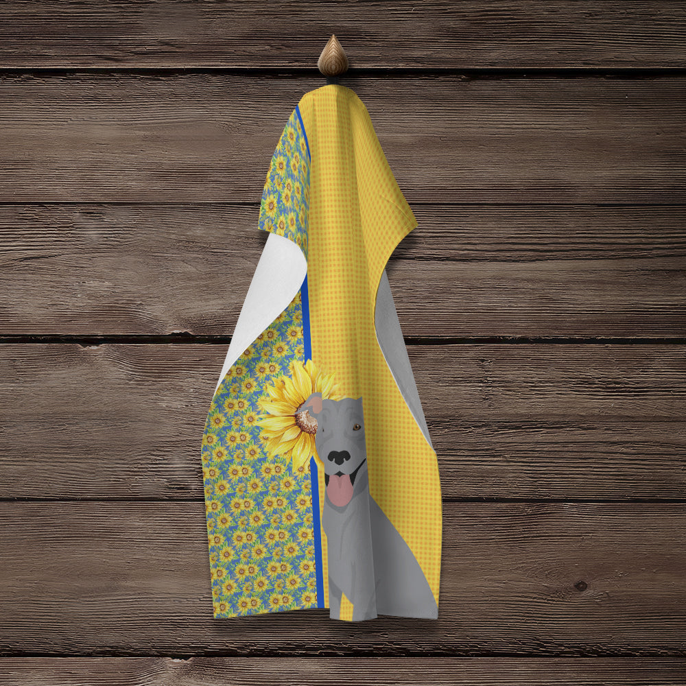 Summer Sunflowers Blue Pit Bull Terrier Kitchen Towel Velour Plush Front and Cotton Loop Back Machine Washable