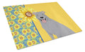 Summer Sunflowers Blue Pit Bull Terrier Cutting Board Tempered Glass Kitchen Cutting Surface, Heat Resistant Chopping, Non-Slip Feet, Food Prep & Serving