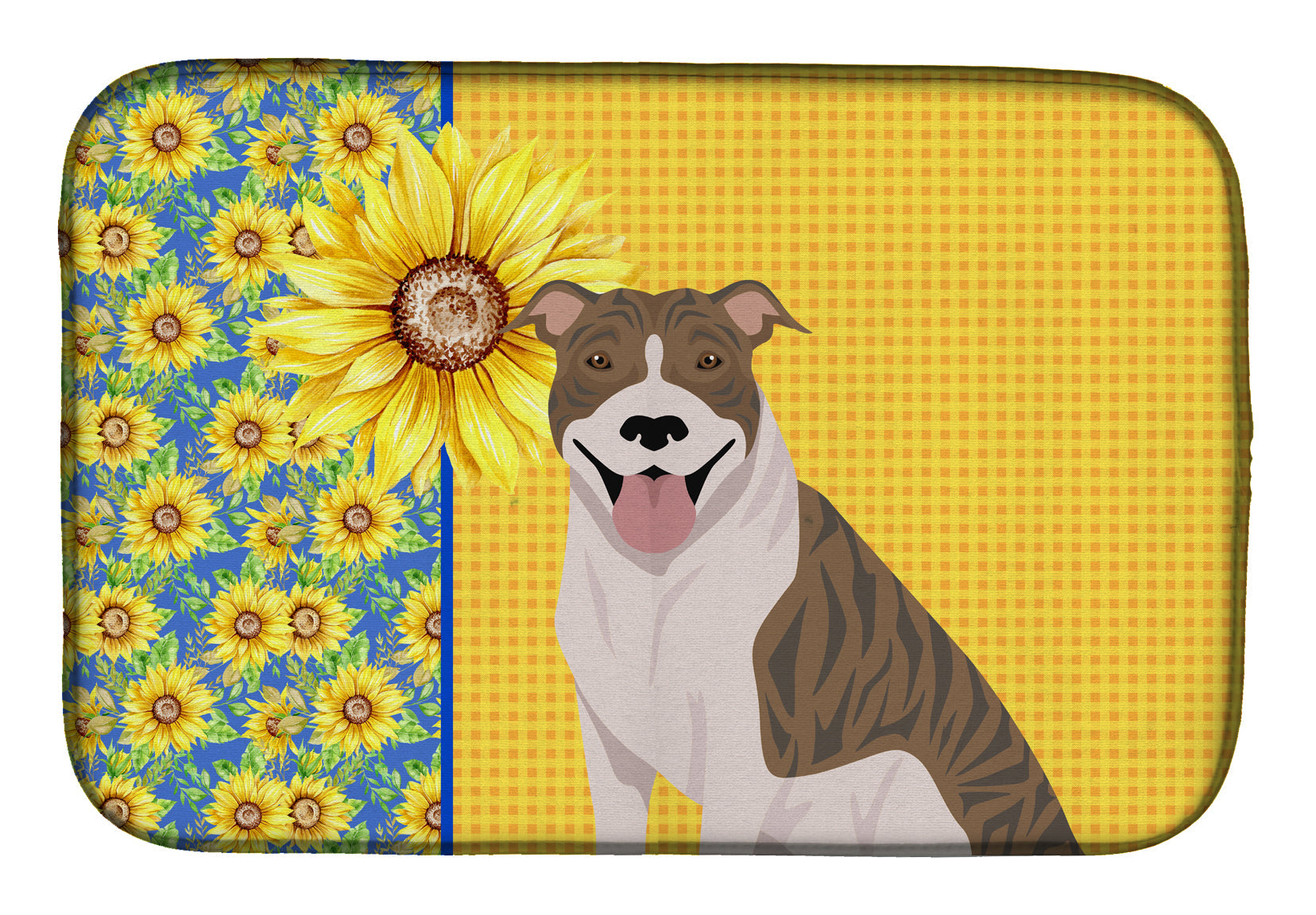 Summer Sunflowers Fawn Brindle Pit Bull Terrier Dish Drying Mat Absorbent Dish Drying Mat Pad for Kitchen Counter Dish Drainer Mat for Countertop, 14 x 21", Multicolor