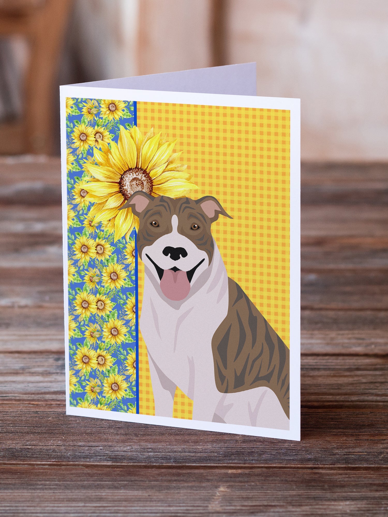 Summer Sunflowers Fawn Brindle Pit Bull Terrier Greeting Cards Pack of 8 Blank Cards with Envelopes Whimsical A7 Size 5x7