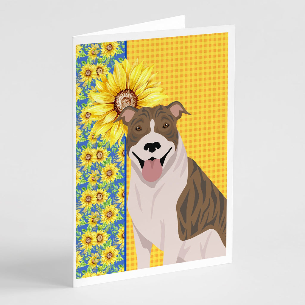 Summer Sunflowers Fawn Brindle Pit Bull Terrier Greeting Cards Pack of 8 Blank Cards with Envelopes Whimsical A7 Size 5x7