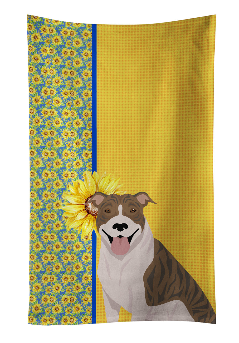 Summer Sunflowers Fawn Brindle Pit Bull Terrier Kitchen Towel Velour Plush Front and Cotton Loop Back Machine Washable