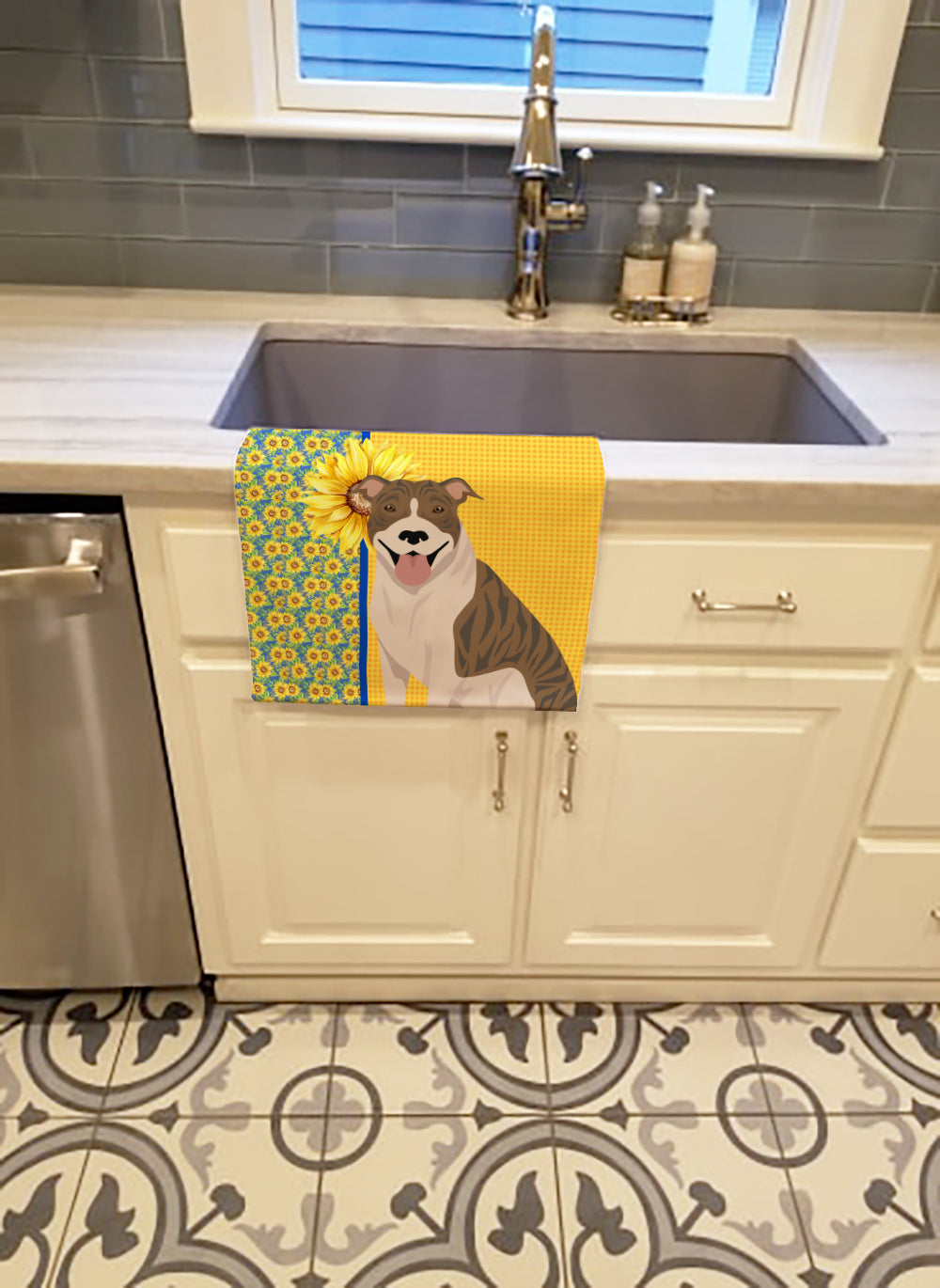 Summer Sunflowers Fawn Brindle Pit Bull Terrier Kitchen Towel Velour Plush Front and Cotton Loop Back Machine Washable