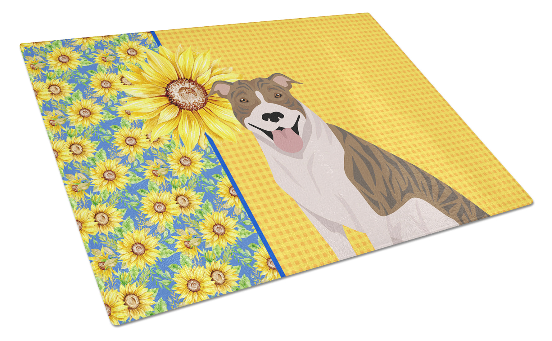 Summer Sunflowers Fawn Brindle Pit Bull Terrier Cutting Board Tempered Glass Kitchen Cutting Surface, Heat Resistant Chopping, Non-Slip Feet, Food Prep & Serving
