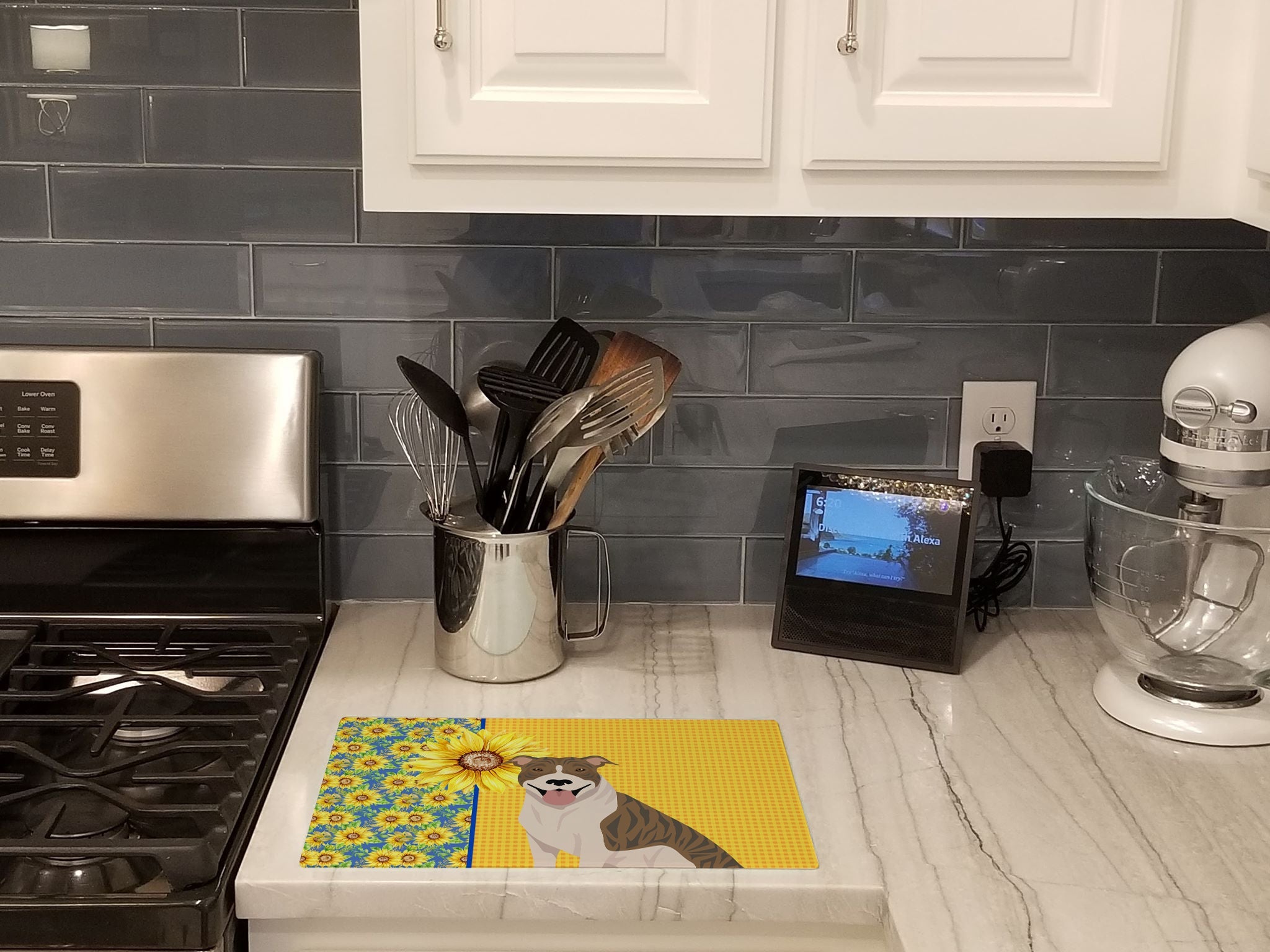Summer Sunflowers Fawn Brindle Pit Bull Terrier Cutting Board Tempered Glass Kitchen Cutting Surface, Heat Resistant Chopping, Non-Slip Feet, Food Prep & Serving