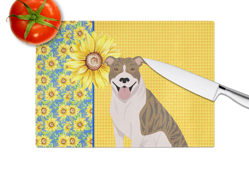 Summer Sunflowers Fawn Brindle Pit Bull Terrier Cutting Board Tempered Glass Kitchen Cutting Surface, Heat Resistant Chopping, Non-Slip Feet, Food Prep & Serving
