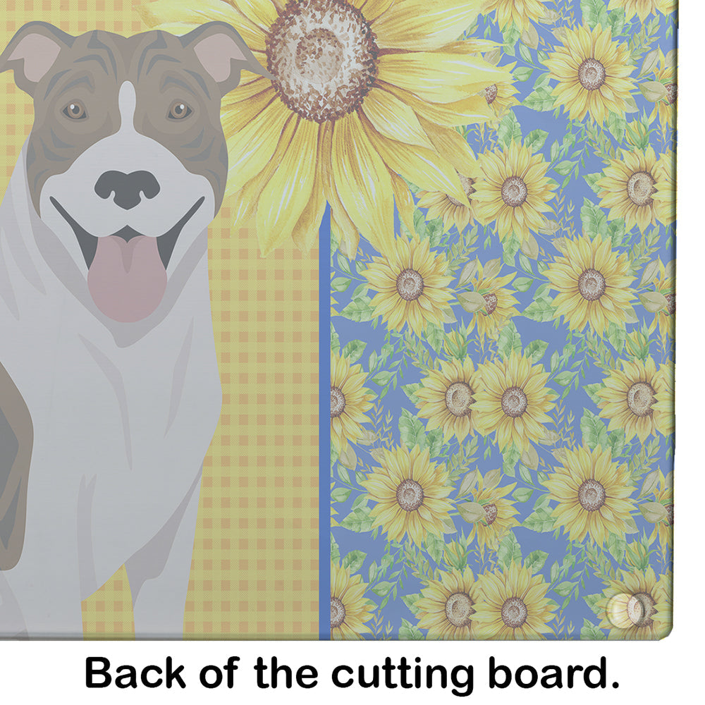 Summer Sunflowers Fawn Brindle Pit Bull Terrier Cutting Board Tempered Glass Kitchen Cutting Surface, Heat Resistant Chopping, Non-Slip Feet, Food Prep & Serving
