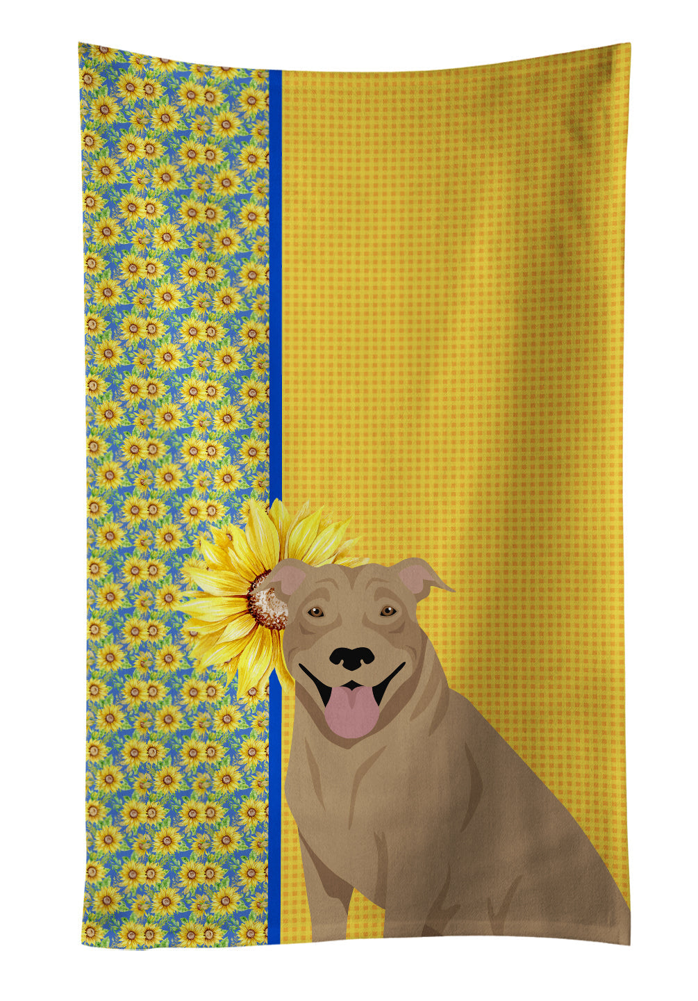 Summer Sunflowers Fawn Pit Bull Terrier Kitchen Towel Velour Plush Front and Cotton Loop Back Machine Washable