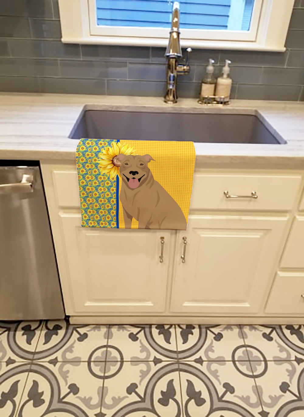 Summer Sunflowers Fawn Pit Bull Terrier Kitchen Towel Velour Plush Front and Cotton Loop Back Machine Washable