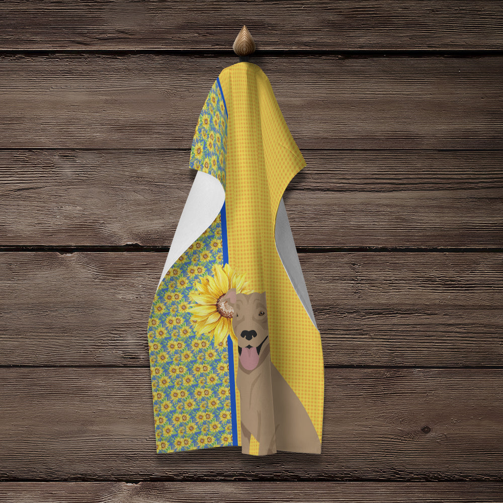 Summer Sunflowers Fawn Pit Bull Terrier Kitchen Towel Velour Plush Front and Cotton Loop Back Machine Washable