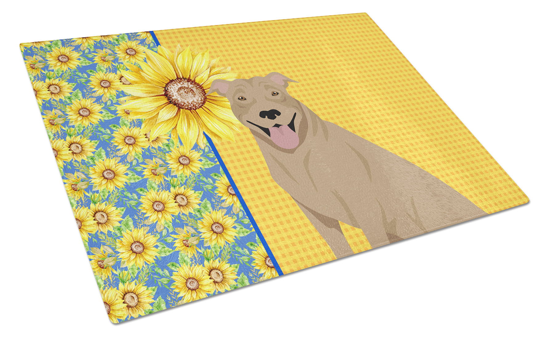 Summer Sunflowers Fawn Pit Bull Terrier Cutting Board Tempered Glass Kitchen Cutting Surface, Heat Resistant Chopping, Non-Slip Feet, Food Prep & Serving