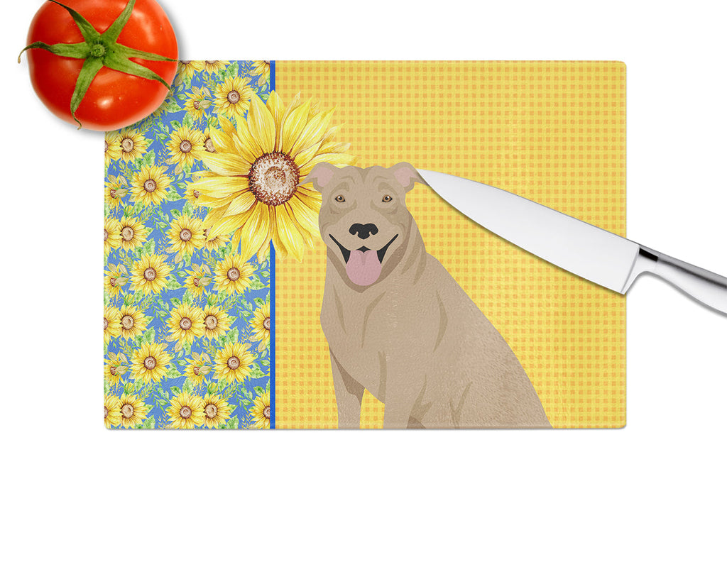Summer Sunflowers Fawn Pit Bull Terrier Cutting Board Tempered Glass Kitchen Cutting Surface, Heat Resistant Chopping, Non-Slip Feet, Food Prep & Serving