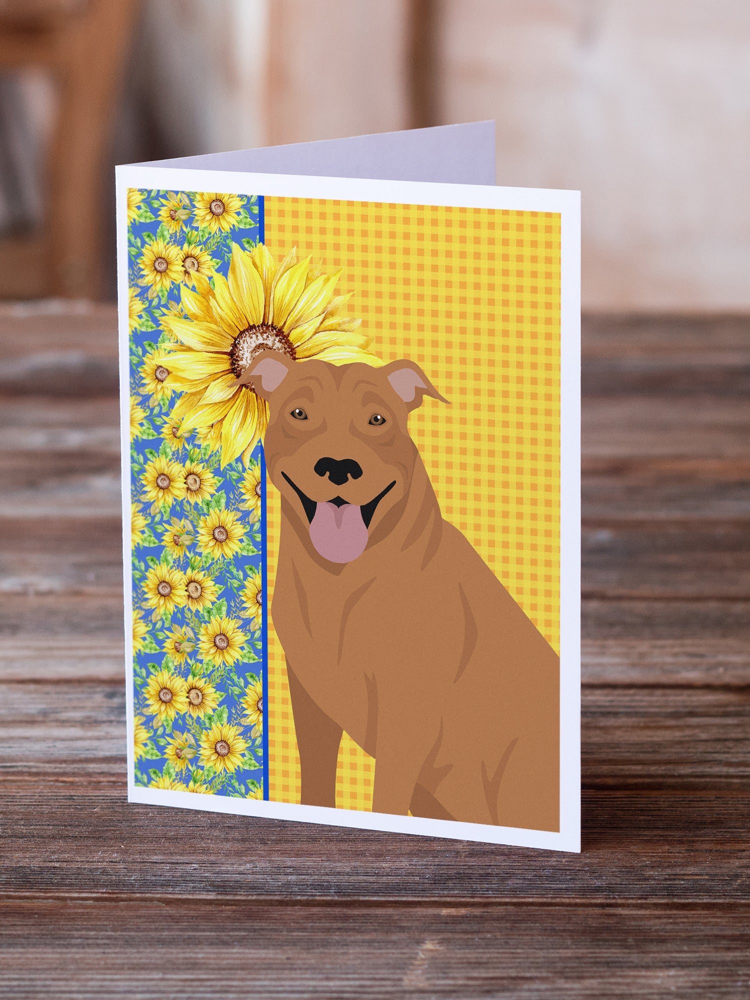 Summer Sunflowers Red Pit Bull Terrier Greeting Cards Pack of 8 Blank Cards with Envelopes Whimsical A7 Size 5x7