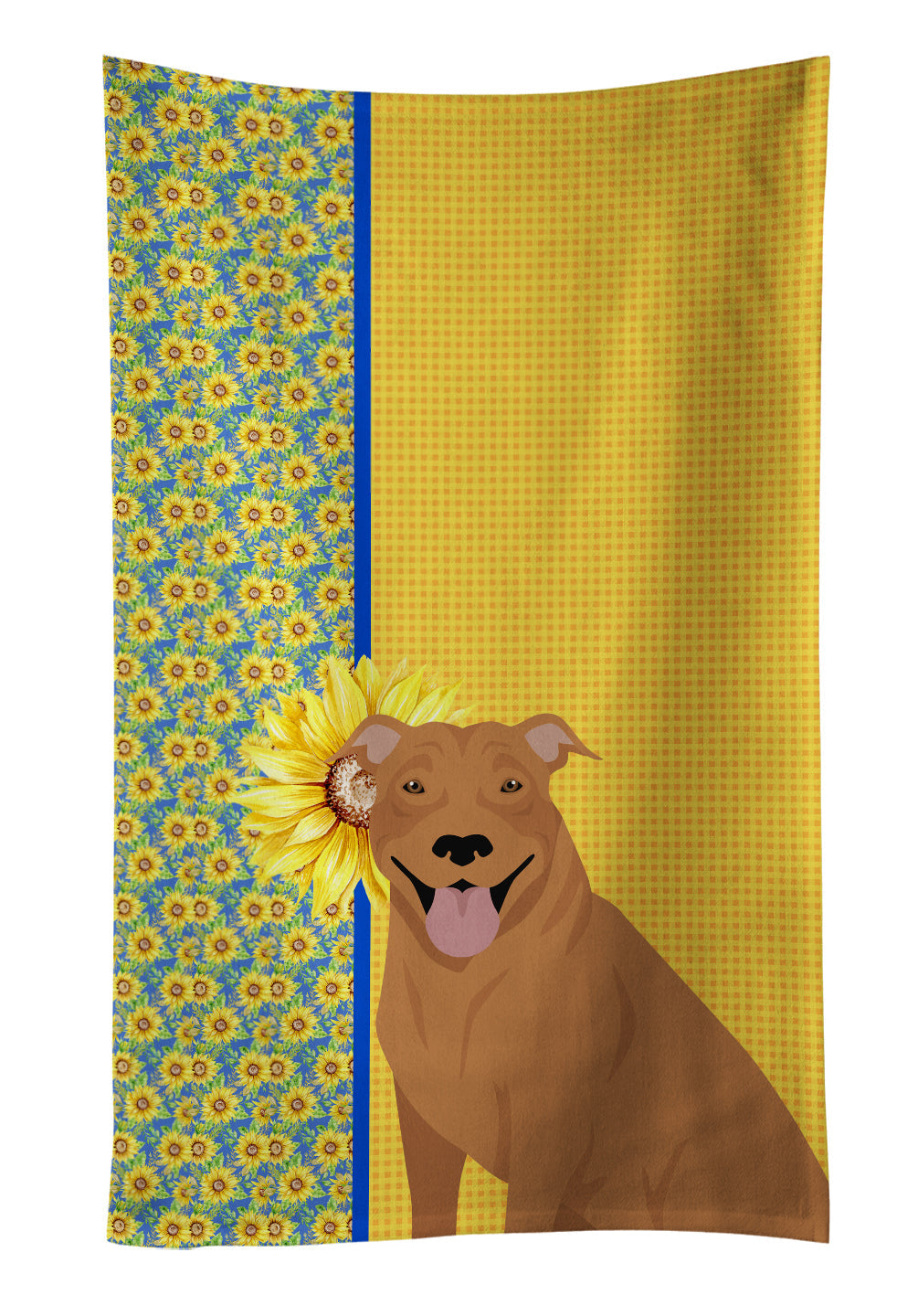 Summer Sunflowers Red Pit Bull Terrier Kitchen Towel Velour Plush Front and Cotton Loop Back Machine Washable