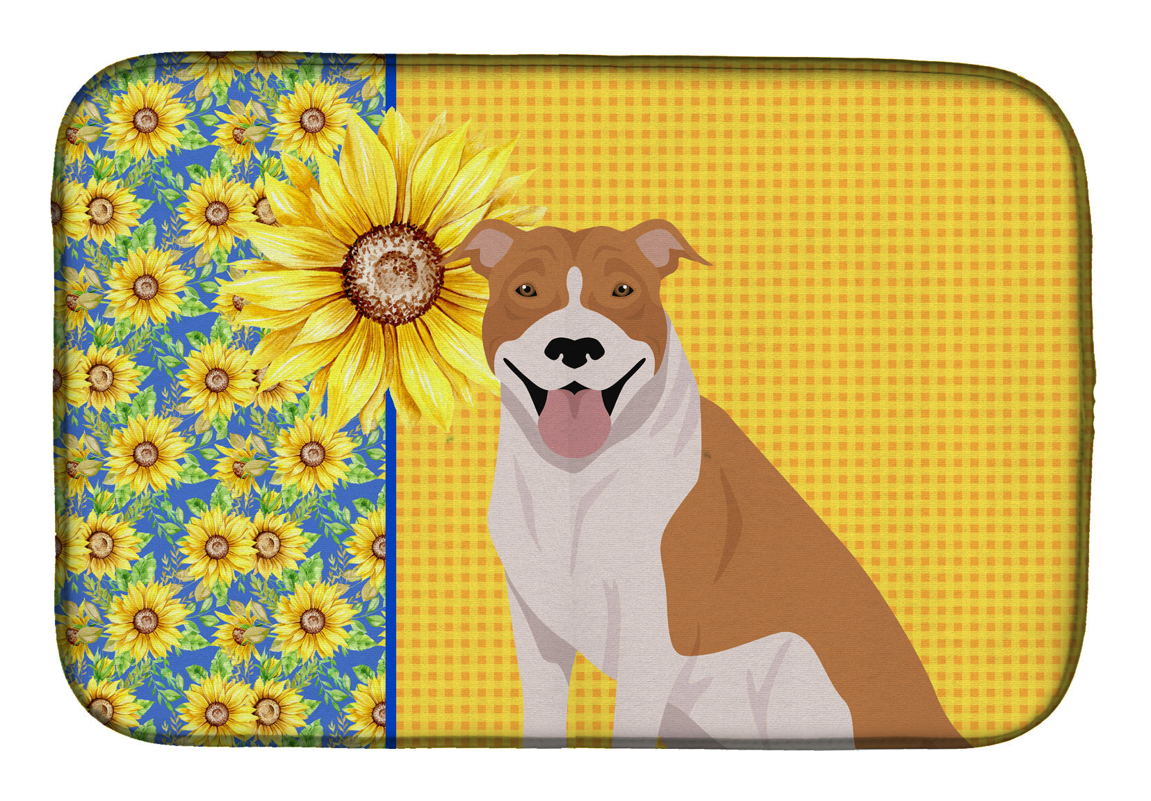 Summer Sunflowers Red and White Pit Bull Terrier Dish Drying Mat Absorbent Dish Drying Mat Pad for Kitchen Counter Dish Drainer Mat for Countertop, 14 x 21", Multicolor
