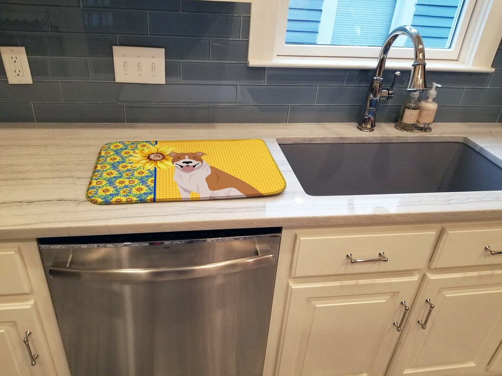 Summer Sunflowers Red and White Pit Bull Terrier Dish Drying Mat Absorbent Dish Drying Mat Pad for Kitchen Counter Dish Drainer Mat for Countertop, 14 x 21", Multicolor