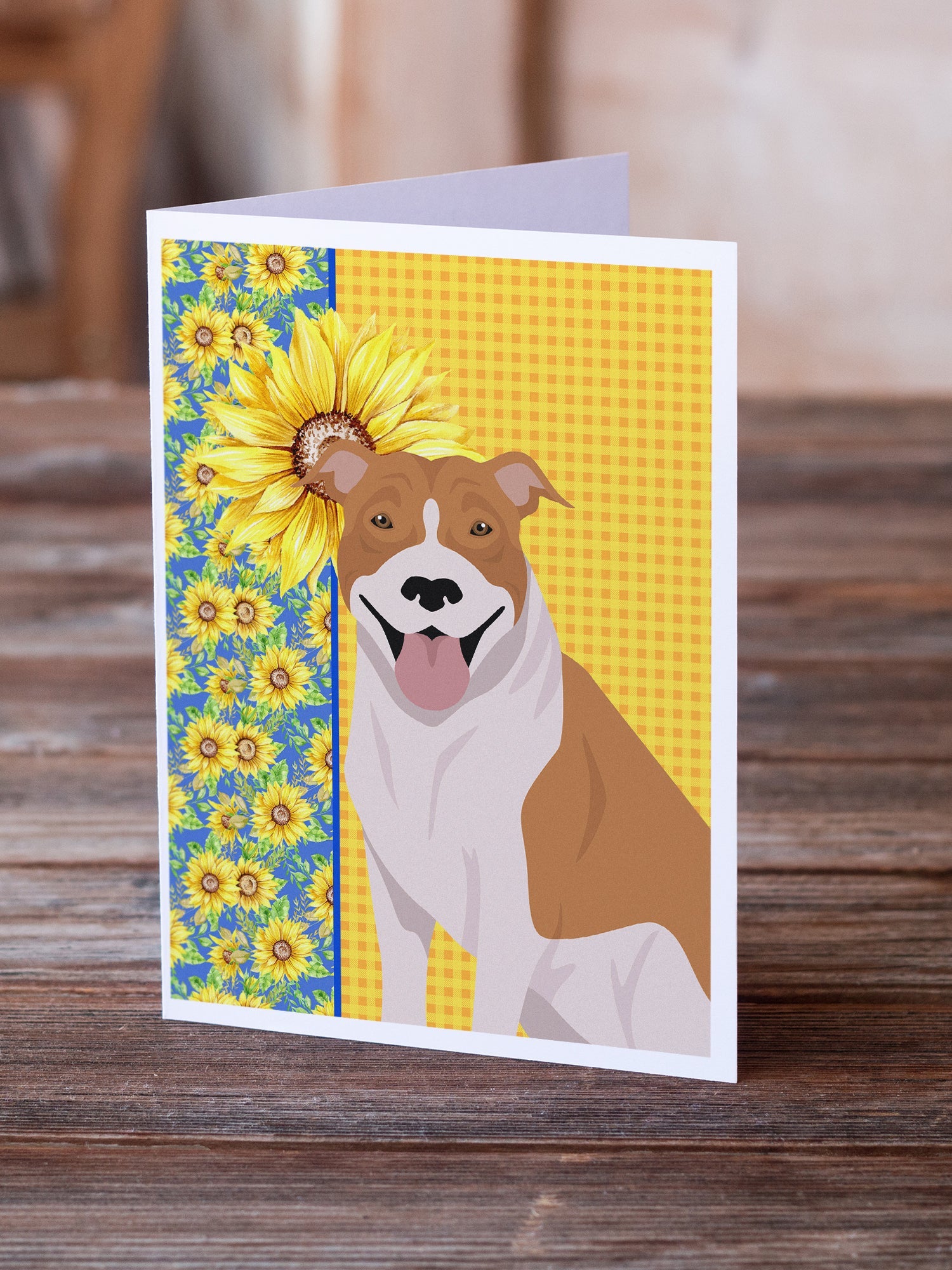 Summer Sunflowers Red and White Pit Bull Terrier Greeting Cards Pack of 8 Blank Cards with Envelopes Whimsical A7 Size 5x7
