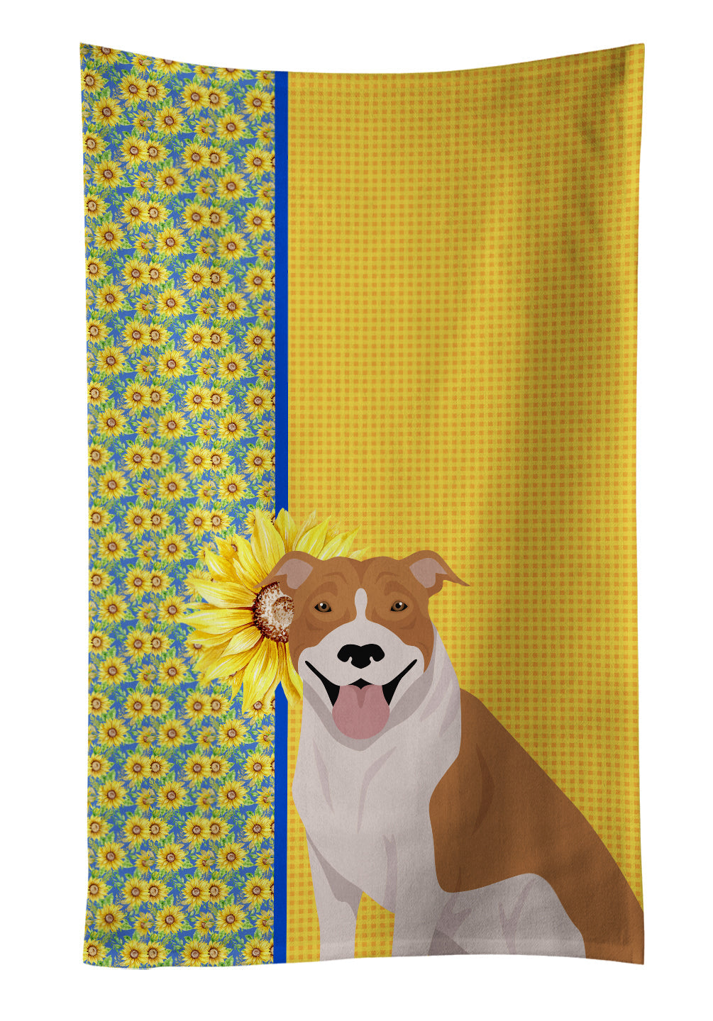 Summer Sunflowers Red and White Pit Bull Terrier Kitchen Towel Velour Plush Front and Cotton Loop Back Machine Washable