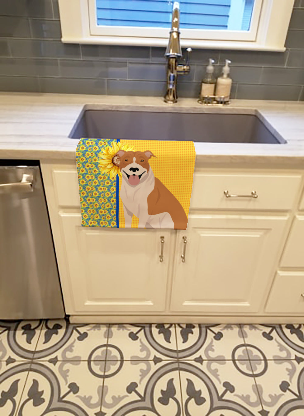 Summer Sunflowers Red and White Pit Bull Terrier Kitchen Towel Velour Plush Front and Cotton Loop Back Machine Washable