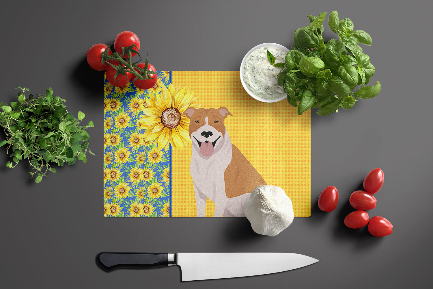 Summer Sunflowers Red and White Pit Bull Terrier Cutting Board Tempered Glass Kitchen Cutting Surface, Heat Resistant Chopping, Non-Slip Feet, Food Prep & Serving