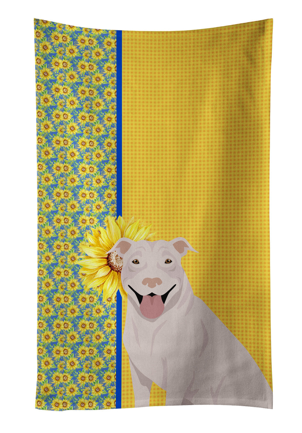 Summer Sunflowers White Pit Bull Terrier Kitchen Towel Velour Plush Front and Cotton Loop Back Machine Washable