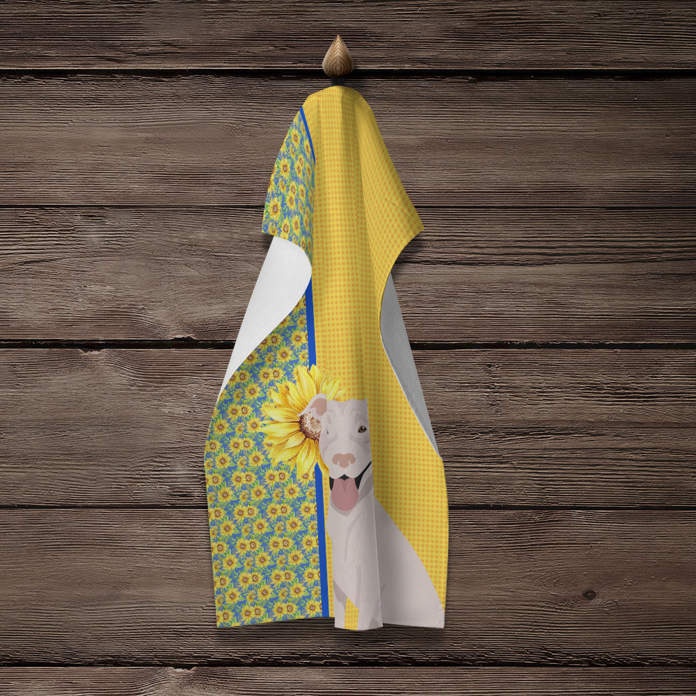 Summer Sunflowers White Pit Bull Terrier Kitchen Towel Velour Plush Front and Cotton Loop Back Machine Washable
