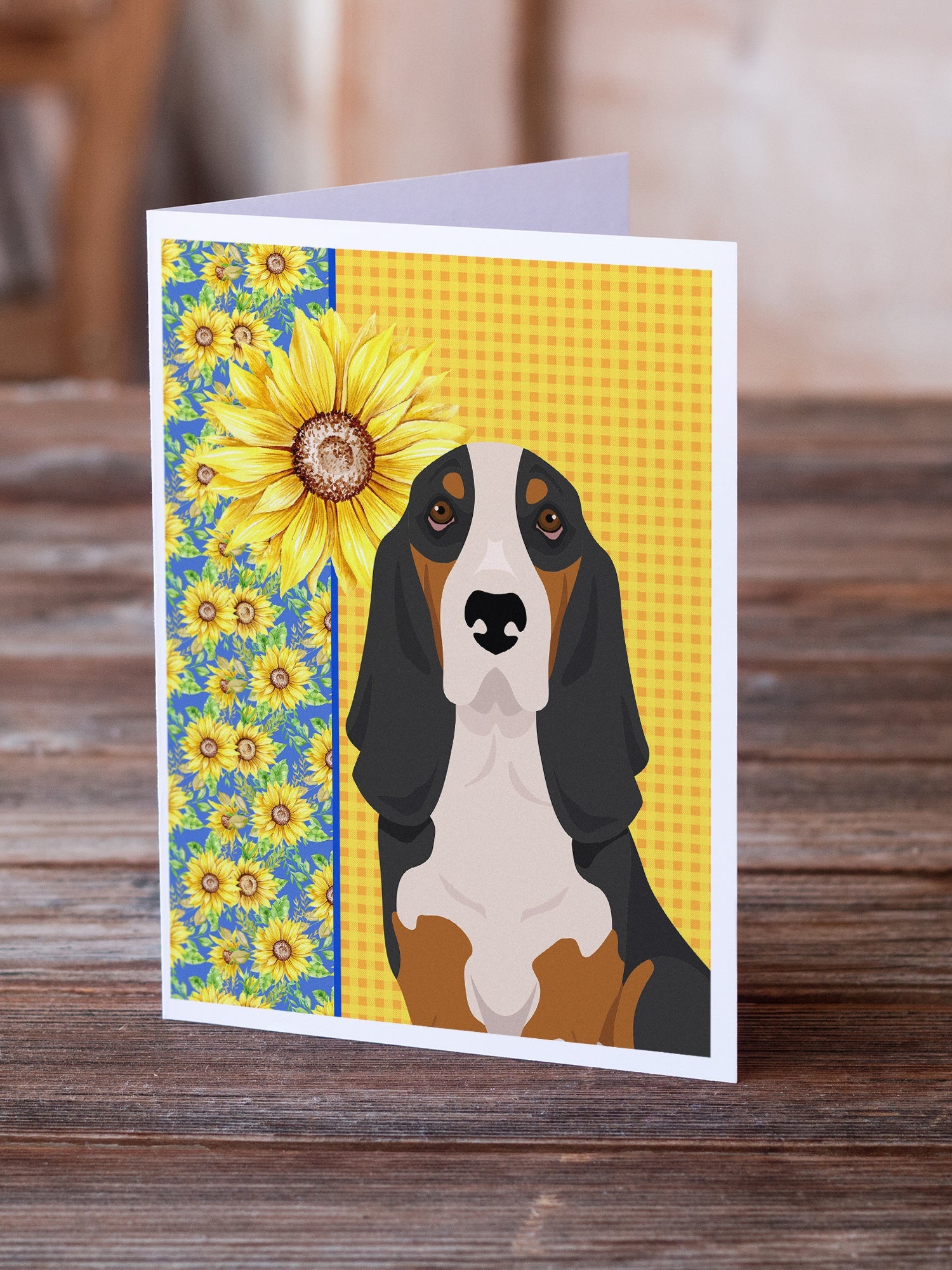 Summer Sunflowers Black Tricolor Basset Hound Greeting Cards Pack of 8 Blank Cards with Envelopes Whimsical A7 Size 5x7