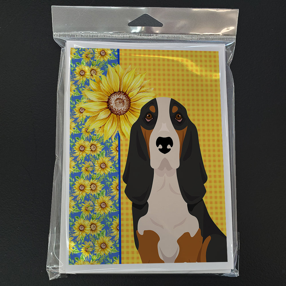 Summer Sunflowers Black Tricolor Basset Hound Greeting Cards Pack of 8 Blank Cards with Envelopes Whimsical A7 Size 5x7