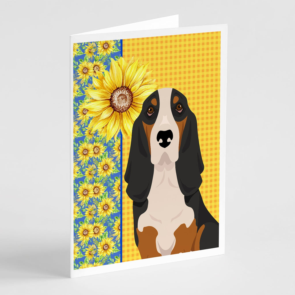 Summer Sunflowers Black Tricolor Basset Hound Greeting Cards Pack of 8 Blank Cards with Envelopes Whimsical A7 Size 5x7