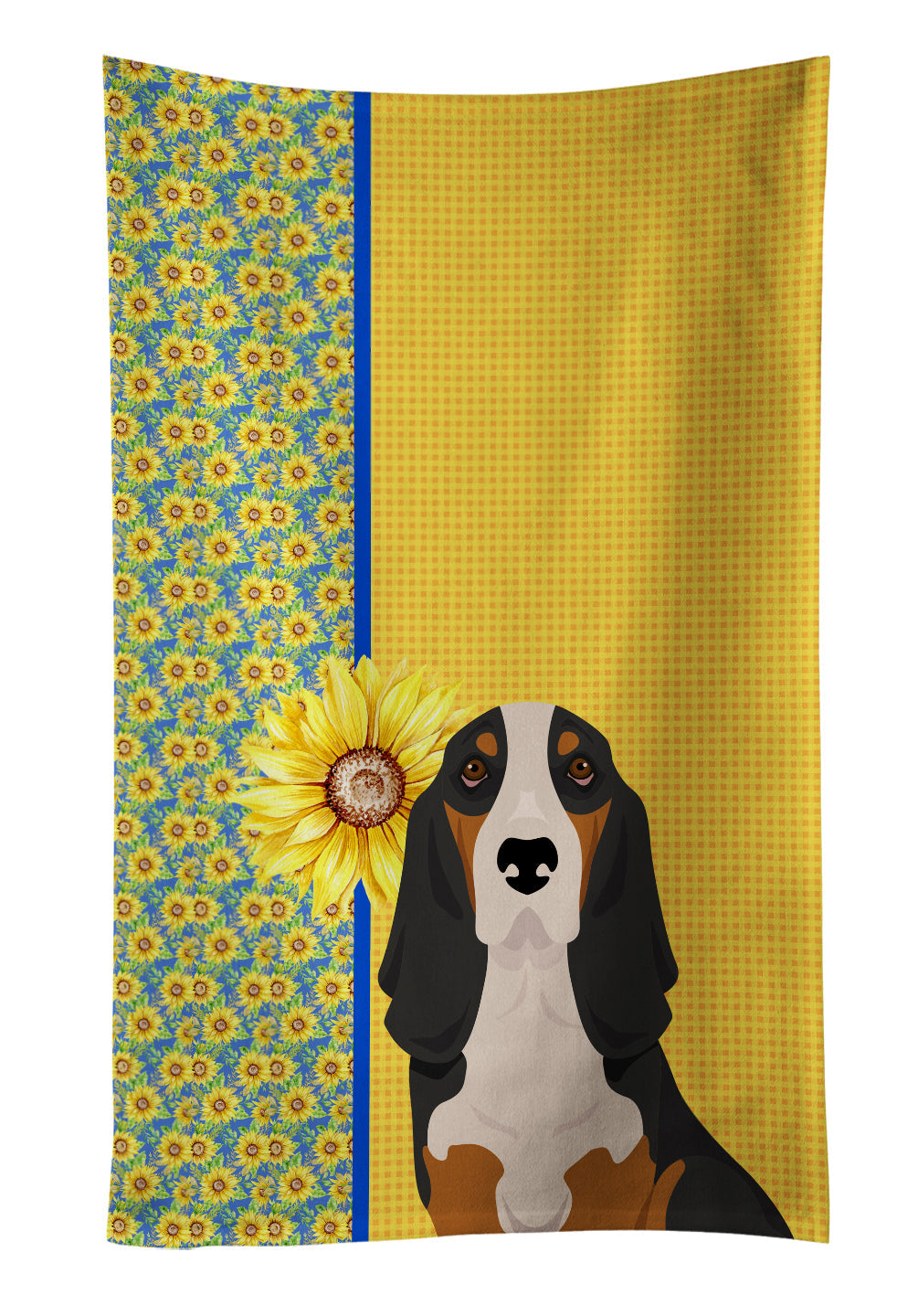 Summer Sunflowers Black Tricolor Basset Hound Kitchen Towel Velour Plush Front and Cotton Loop Back Machine Washable