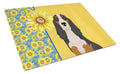 Summer Sunflowers Black Tricolor Basset Hound Cutting Board Tempered Glass Kitchen Cutting Surface, Heat Resistant Chopping, Non-Slip Feet, Food Prep & Serving