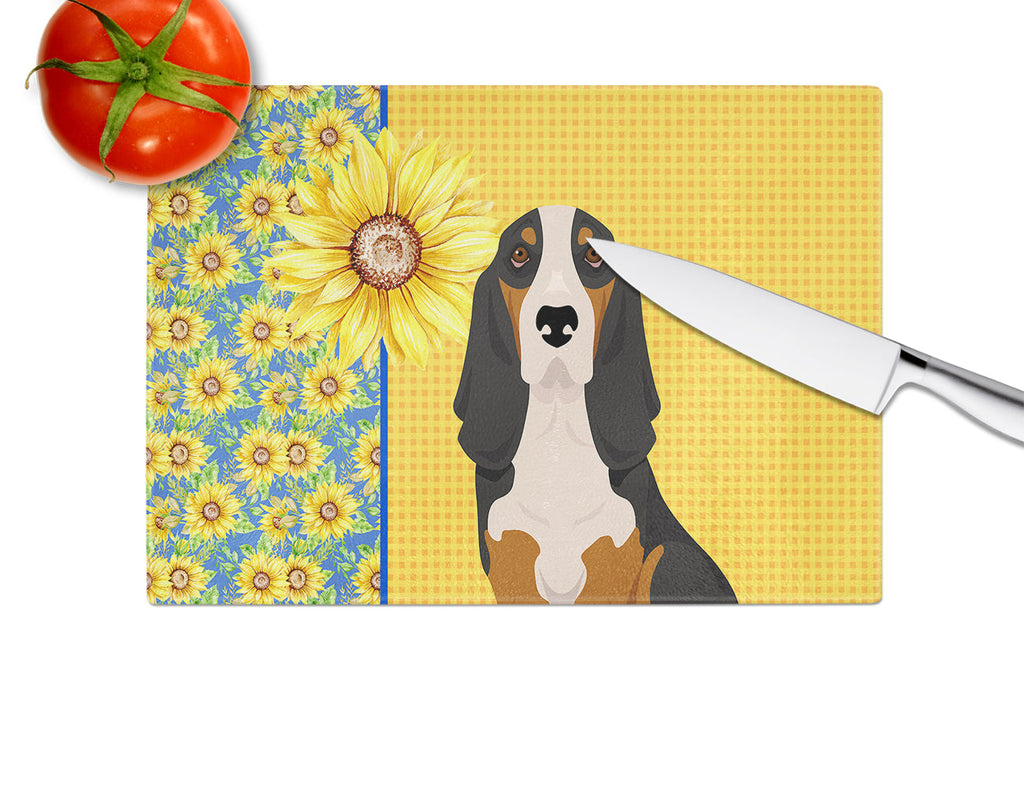 Summer Sunflowers Black Tricolor Basset Hound Cutting Board Tempered Glass Kitchen Cutting Surface, Heat Resistant Chopping, Non-Slip Feet, Food Prep & Serving