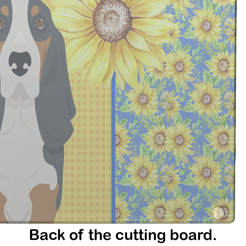 Summer Sunflowers Black Tricolor Basset Hound Cutting Board Tempered Glass Kitchen Cutting Surface, Heat Resistant Chopping, Non-Slip Feet, Food Prep & Serving