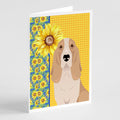 Summer Sunflowers Lemon and White Tricolor Basset Hound Greeting Cards Pack of 8 Blank Cards with Envelopes Whimsical A7 Size 5x7